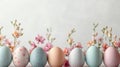 Easter party concept. Top view photo of easter bunny ears white pink blue and yellow eggs on isolated pastel blue background with Royalty Free Stock Photo