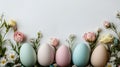 Easter party concept. Top view photo of easter bunny ears white pink blue and yellow eggs on isolated pastel blue background with Royalty Free Stock Photo