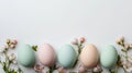 Easter party concept. Top view photo of easter bunny ears white pink blue and yellow eggs on isolated pastel blue background with Royalty Free Stock Photo