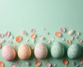 Easter party concept. Top view photo of easter bunny ears white pink blue and yellow eggs on isolated pastel blue background with Royalty Free Stock Photo