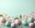 Easter party concept. Top view photo of easter bunny ears white pink blue and yellow eggs on isolated pastel blue background with Royalty Free Stock Photo