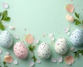 Easter party concept. Top view photo of easter bunny ears white pink blue and yellow eggs on isolated pastel blue background with Royalty Free Stock Photo
