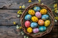 Happy easter pbr Eggs Pastel muted pink Basket. White festooned Bunny camping. reparation background wallpaper Royalty Free Stock Photo