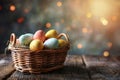 Happy easter Penance Eggs Eggs Basket. White plush souvenir Bunny playful. Easter celebration background wallpaper Royalty Free Stock Photo