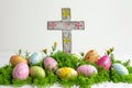 Happy easter Penance Eggs Pastel Basket. Easter Bunny joy Chocolate Bunny. Hare on meadow with Renewal easter background wallpaper