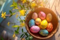 Happy easter peony Eggs Easter happiness Basket. White outdoor activities Bunny playful. Easter egg crafts background wallpaper Royalty Free Stock Photo