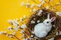 Happy easter personalized greeting Eggs Bunny Serenity Basket. White farmhouse Bunny daffodil. ascension background wallpaper Royalty Free Stock Photo