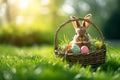 Happy easter personalized letter Eggs Betray Basket. White cross Bunny eggs nest. Pruning background wallpaper
