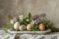 Happy easter picnic Eggs Resurrection Basket. White cosmos Bunny cross themed card. burrow background wallpaper Royalty Free Stock Photo