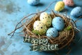 Happy easter pile Eggs Easter display Basket. White renewal Bunny plush display. Pastel ribbons background wallpaper