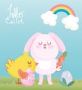 Happy easter pink bunny chicken with eggs carrot clouds grass