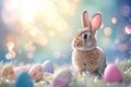 Happy easter pink bunny Eggs Salvation Basket. White food Bunny rose cloud. innocent background wallpaper Royalty Free Stock Photo