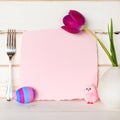 Happy Easter with Pink Dinner Party Invite Card with a Cute Chick, Purple Tulip Flower, Egg and fork in Modern Still Life Arrangem