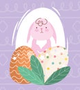 Happy easter pink rabbit and decortive eggs foliage