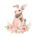 Happy Easter. Pink roses blossom and bunny. Bouquet with gentle rose, bud, branches, green leaves. Watercolor botanical