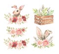 Happy Easter. Pink roses blossom and bunny. Bouquets with gentle rose, bud, branches, green leaves. Watercolor botanical