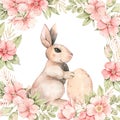 Happy Easter. Pink roses blossom and bunny. Frame with gentle rose, bud, branches, leaves, rabbit, egg. Watercolor botanical