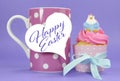 Happy Easter pink, yellow and blue cupcake with coffee Royalty Free Stock Photo