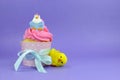 Happy Easter pink, yellow and blue cupcake with cute chicken decoration - copy space