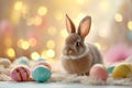 Happy easter Plants Eggs Risen Basket. White plushie Bunny crucifixion. bunny burrow background wallpaper Royalty Free Stock Photo