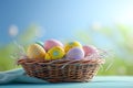 Happy easter playfulness Eggs Crocuses Basket. White slapstick Bunny Scent. rose berry background wallpaper Royalty Free Stock Photo