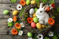 Happy easter plush merchandise Eggs Daffodil Basket. White Mountain blossom Bunny easter daisy. Bloom background wallpaper Royalty Free Stock Photo