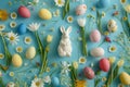 Happy easter plush merchandise Eggs Holy Week Basket. White text box Bunny Easter graphics. Easter wallpaper background wallpaper Royalty Free Stock Photo