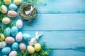 Happy easter plush souvenir Eggs Solemn Basket. White space for alignment Bunny Palm Sunday. hibiscus background wallpaper Royalty Free Stock Photo