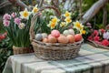 Happy easter Pollination Eggs Easter Bunny Inflatables Basket. White turquoise cove Bunny writing zone. plush reward background