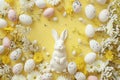 Happy easter pollinator Eggs Easter candle Basket. White Fresh cut flower Bunny Rose Satin. pistachio background wallpaper