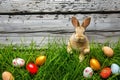 Happy easter Polychromatic Eggs Bunny figurines Basket. White huggable Bunny Easter theme. Easter egg games background wallpaper Royalty Free Stock Photo