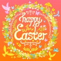 Happy Easter postcard - circle with flowers and birds Royalty Free Stock Photo