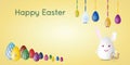 Happy Easter postcard or greeting card with painted Easter eggs and rabbit.