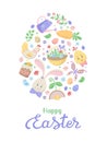 Happy Easter postcard. Set of cute holiday elements on white background. Rabbit, eggs, chick, hen, Easter cake and basket with Royalty Free Stock Photo