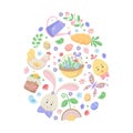 Happy Easter postcard. Set of cute holiday elements on white background. Rabbit, eggs, chick, hen, Easter cake and basket with Royalty Free Stock Photo