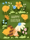 Happy Easter postcard. Spring holiday post card design with cute chickens, funny adorable flowers, festive dyed painted