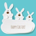 Happy Easter Postcard three Bunnies on a turquoise background. Royalty Free Stock Photo