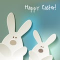 Happy Easter Postcard two Bunnies on a blue bokeh fog background. Royalty Free Stock Photo