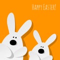 Happy Easter Postcard two Bunnies on a yellow background. Royalty Free Stock Photo