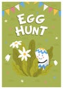 Happy easter poster. Colored egg with cute face hiding on a green lawn. Easter egg with funny face. Egg hunt. Flat style