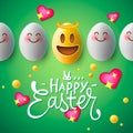 Happy Easter poster, easter eggs with cute smiling emoji faces, vector.