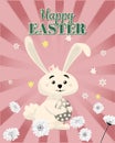 Happy Easter poster eggs hunt, white cute bunny with color eggs