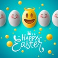 Happy Easter poster, funny easter eggs with smiling emoji faces, vector.