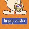 Happy easter poster, rabbit boy keeps egg bascet.