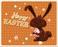 Happy Easter poster retro illustration with easter chocolate bunny, rabbit. Vector illustration vintage Royalty Free Stock Photo