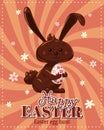 Happy Easter poster retro illustration with easter chocolate bunny, rabbit. Vector illustration vintage Royalty Free Stock Photo