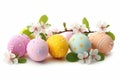 Happy easter Precious Eggs Celebration Basket. White Seasonal flower Bunny rose. Parade background wallpaper Royalty Free Stock Photo