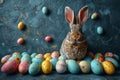 Happy easter precious Eggs Pastel sky blue Basket. White Easter eggs Bunny public holiday. sentiment background wallpaper Royalty Free Stock Photo