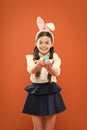 happy easter. preparing for Easter. small girl wear bunny ears. little kid in rabbit costume. spring holiday celebration