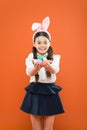Happy easter. preparing for Easter. small girl wear bunny ears. little kid in rabbit costume. spring holiday celebration